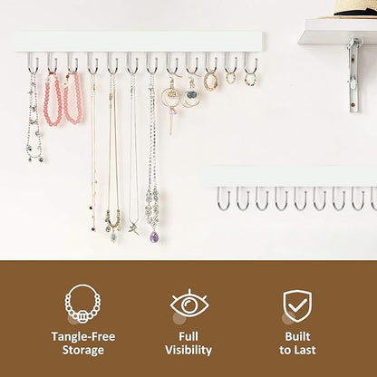 ZEDODIER 2 Pack Necklace Organizer Wall Mount, Wooden Jewelry Hanger Necklace Holder with 24 Hooks,Hanging Jewelry Organizer, White