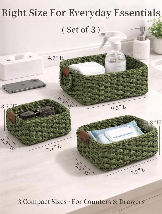 Storage Basket, Recycled Paper Rope Bathroom Basket Organizer, 3Pcs Small Baskets for Organizing, Mini wicker Basket for Decorative Storage Bins, Shelves, Bathroom, Cabinet - Green