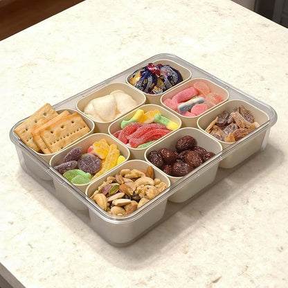 SILIVO Snackle Box Container - 9 Compartment Portable Divided Serving Tray with Lid and Handle,Clear Snack Organizer for Candy, Fruits, Nuts, Snacks - Perfect for Party, Travel and Entertaining