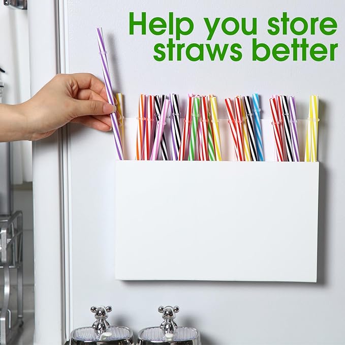 Honeydak Magnetic Acrylic Straw Holder for Cabinet Door with Adhesive Tapes and 5 Removable Partitions, Reusable Straw Organizer Storage Space-saving for Cabinet Door Fridge Kitchen(White,9.8 Inch)
