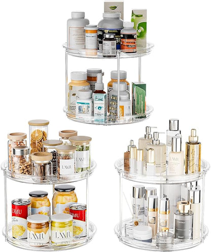 LAMU 2 Tier Lazy Susan Turntable Organizer for Cabinet, 9'' Rotating Spice Rack for Kitchen, Pantry, Countertop, Bathroom, Vanity, Under Sink, Medicine Cabinet Organizer, 3 Pack