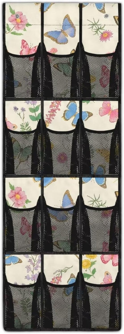 Butterfly Flower Over the Door Shoe Organizer 12 Large Pockets Hanging Shoe Rack for Closet Sturdy Oxford Fabric Shoe Storage Organizer