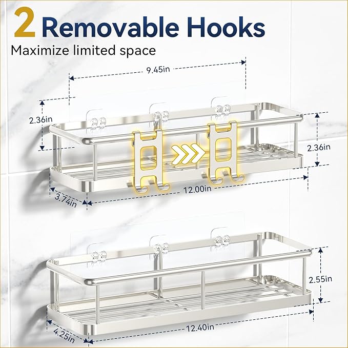 YASONIC Shower Caddy Adhesive, No Drill Bathroom Shower Organizers, with Removable Hooks, Rust Proof Shower Shelves, Wall-Mounted Shower Holder, 2 Pack Silver