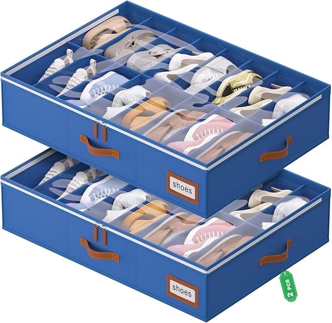 homyfort Shoe Organizer Under Bed, Fits 32 Pairs, Under bed Shoe Storage Boxes with Study Handles and Clear Cover, zapateras organizer for shoes, set of 2