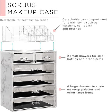 Sorbus Acrylic Makeup Organizer Set, 6-Drawer Vanity & Countertop Cosmetic Storage with Small & Wide Compartments, Marble Print Makeup Storage for Brushes, Jewelry – Holiday Gift for Women & Teens