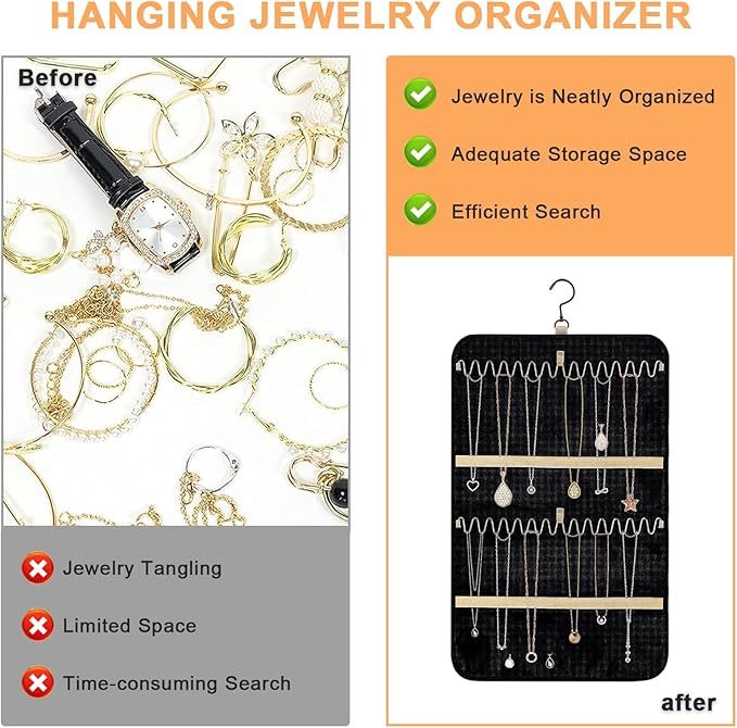 Tefola Hanging Jewelry Organizer, Double-Sided Necklace Organizer Jewelry Holder Organizer for Earrings, Necklaces Rings, Glasses, Sunglass Organizer for Closet, Wall, Door (Black, Small Size)