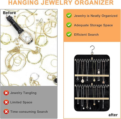 Longzhuo Jewelry Organizer, 2 Sided Necklace Holder, with 360 Degree Rotating Hook, Jewelry Holder for Travel, Earrings, Necklaces, Rings on Closet, Wall, Door, Black (12.99 x 21.65 inches)