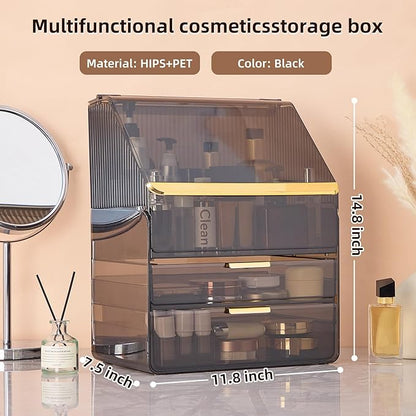 Large 3-Tier Makeup Organizer with Drawers and Lipstick Holder, Dustproof Waterproof Skincare Storage Box for Bathroom Countertop, Vanity Cosmetic Organizer,Clear Black