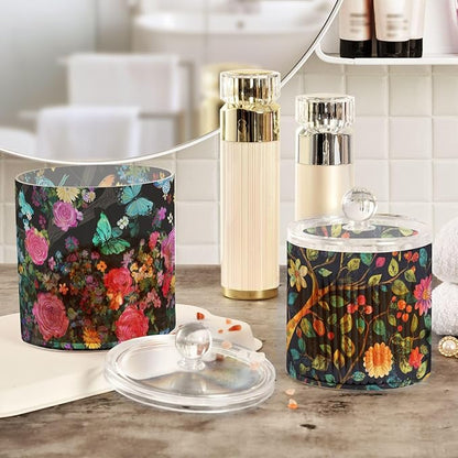 2 Pack Qtip Dispenser Apothecary Jars with Lids Cotton Round Holder Bathroom Canisters for Cotton Swab Floss Ball Pads Clear Plastic Decorative Rose Flower Butterfly Tree Black