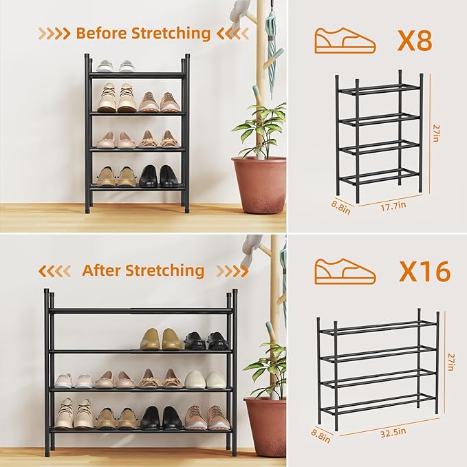 Uneviesyka Expandable Shoe Rack Organizer,Adjustable and Stackable Shoe Storage Shelf,Heavy Duty Metal Small Shoe Rack for Closet Entryway Bedroom (Black, 4 Tier)
