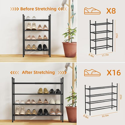 Uneviesyka Expandable Shoe Rack Organizer,Adjustable and Stackable Shoe Storage Shelf,Heavy Duty Metal Small Shoe Rack for Closet Entryway Bedroom (Black, 4 Tier)
