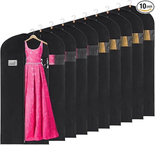 KEEGH 60'' Dress Bags for Gowns Long (Set of 10), Garment Bags for Hanging Clothes, Dress Bags for Closet Storage, Clothes Cover for Hanging Coats Dresses with Clear Window and Label Pocket, Black