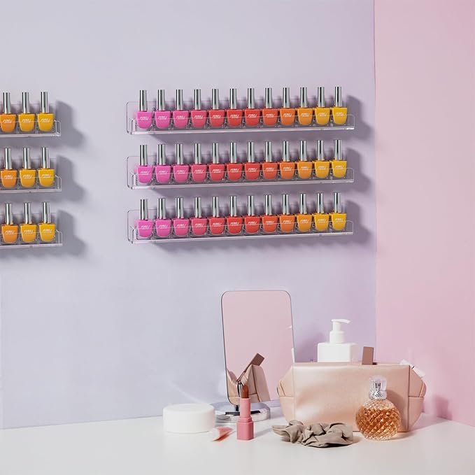 FEMELI Nail Polish Wall Rack: 6 Shelves 15 Inch Clear Acrylic Nail Polish Organizer for 66-90 Bottles Multi-Purpose Acrylic Floating Shelves (15 Inch, Clear) | 66-90 Bottles, Multi-Purpose