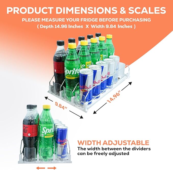 Upgraded Premium Drink Organizer for Fridge. Ultra Space Saving Soda Can Organizer for refrigerator with Larger Stopper Height and Automatic Pusher with Locking Feature. Holds 15 Cans (3 Rows, White)