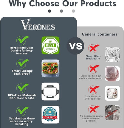 VERONES 30 Pieces Glass Meal Prep Containers Set, Stackable Food Storage Containers with Lids-Airtight Glass Lunch Containers，for Microwave, Oven, Freezer & Dishwasher,White