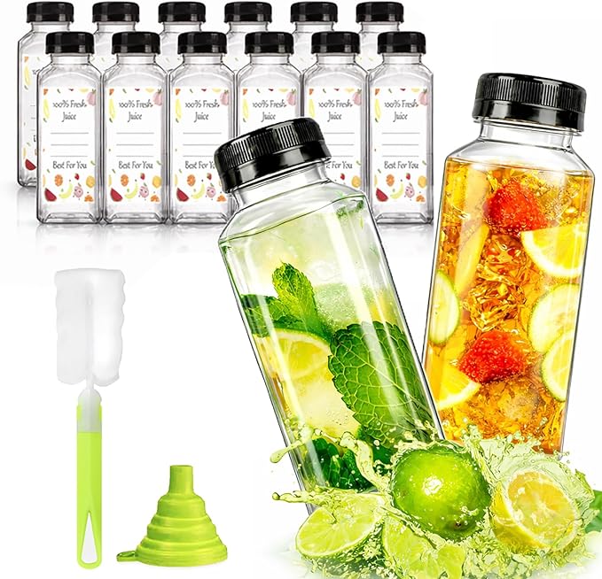 12pcs 12oz Plastic Juice Bottles, Reusable Juice Containers with Black Tamper Proof Lids, Brush, Funnel and Labels, Clear Juice Containers for Juicing, Smoothie and Homemade Beverages