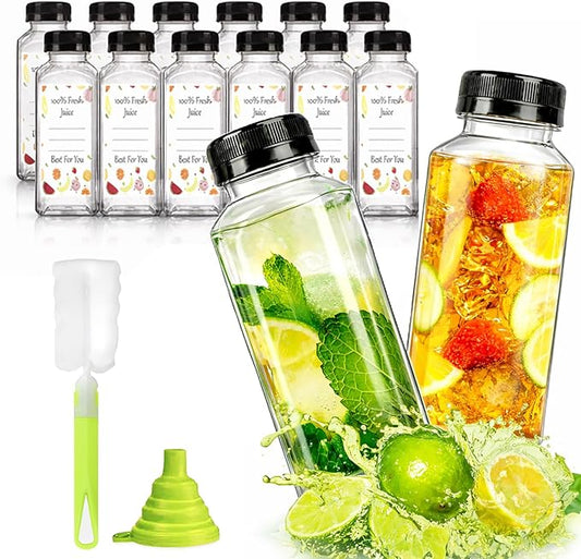 12pcs 12oz Plastic Juice Bottles, Reusable Juice Containers with Black Tamper Proof Lids, Brush, Funnel and Labels, Clear Juice Containers for Juicing, Smoothie and Homemade Beverages