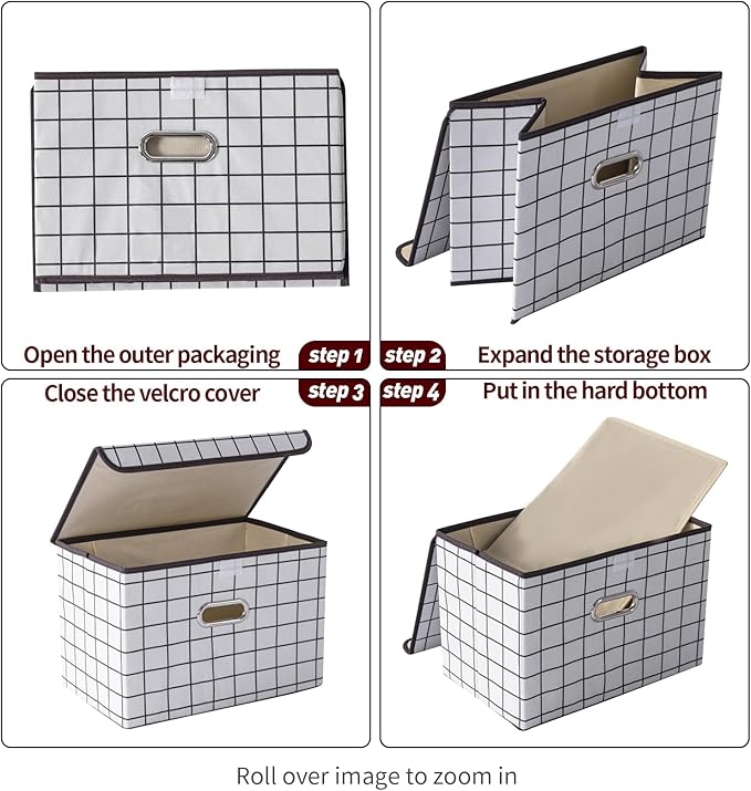 STOREONE Fabric Storage Cube Bins Foldable Organizer Container Collapsible Basket with Lids and Metal Handles, for Home, Bedroom, Closet 3 Pcs (White grid)