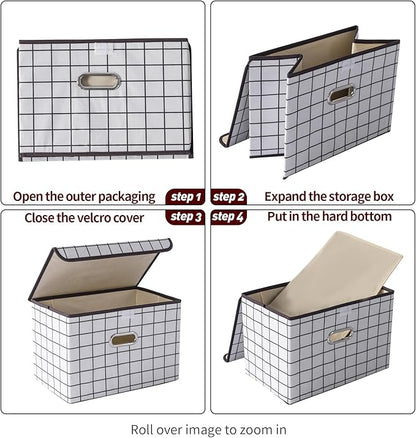 STOREONE Fabric Storage Cube Bins Foldable Organizer Container Collapsible Basket with Lids and Metal Handles, for Home, Bedroom, Closet 3 Pcs (White grid)
