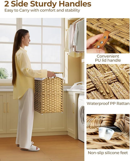 GREENSTELL Laundry Hamper with Lid, 60L Clothes Hamper with 2 Removable Liner Bags & 2 Mesh Laundry Bags, Handwoven Synthetic Rattan Laundry Basket for Clothes, Toys in Bathroom, Bedroom Natural