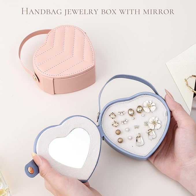 CASEGRACE Small Travel Jewelry Case, Elegant Heart Shaped Design with Detachable Handle,Portable Jewelry Organizer Box for Necklace Rings Earrings,Jewelry Storage for Women Girls (Blue)