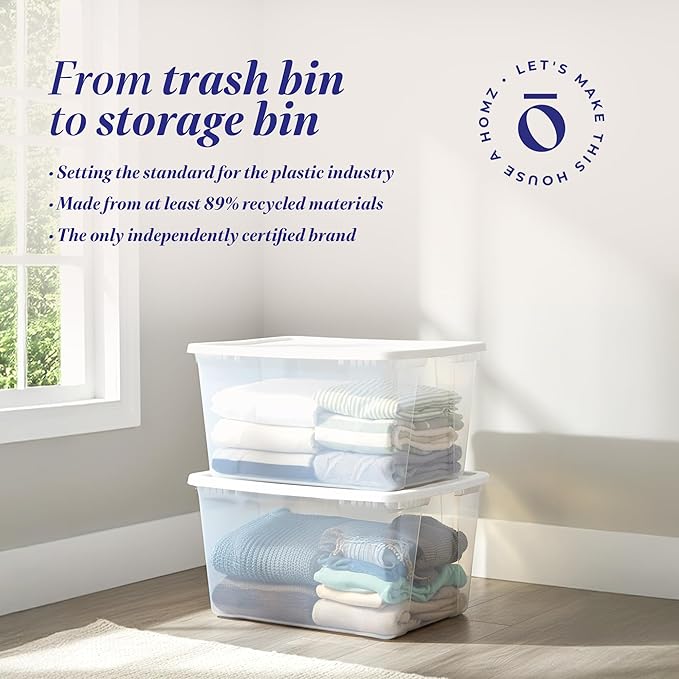 HOMZ 2-Pack Snaplock, Large Clear Plastic Storage Organizer Bins w/Lids, 56 Quart, White - Stackable Container Boxes for Bedroom, Bathroom, Garage, and Office Organization
