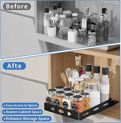 BOIVSHI Pull Out Spice Rack, Heavy Duty Spice Rack Organizer, 1 Tier Spice Organization for Cabinet, Vertical Spice Rack for Kitchen, Cabinet, Pantry (8.4''Wx10.5''Dx2.8''H, Metal Black)
