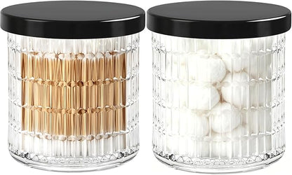 2 Pack Qtip Holder Bathroom Set - Glass Apothecary Jars with Lids, Canisters for Cotton Balls.Swabs, Floss Picks, Hair Ties - Vanity Organizer & Vintage Bathroom Storage (Clear)