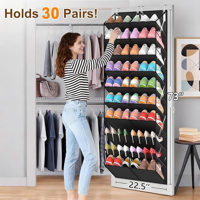 TAKE FIRE Over the Door Shoe Organizer: 10-Tier Clear Pocket Storage for Sneakers, Boots & Heels (20-30 Pairs, Black)
