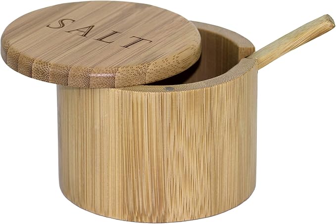 Totally Bamboo Salt Cellar Bamboo Storage Box with Magnetic Swivel Lid, 6 Ounce Capacity, Engraving on Lid, Includes Salt Spoon