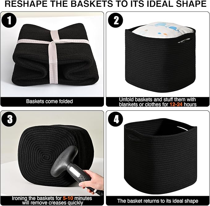ICERZCZ 11 Inch Cube Storage Bins, Storage Cube Organizer Bins, Woven Cotton Rope Basket for Storage, Storage Baskets for Organizing Shelves, Square Baskets for Toys, Black (Pack of 3)