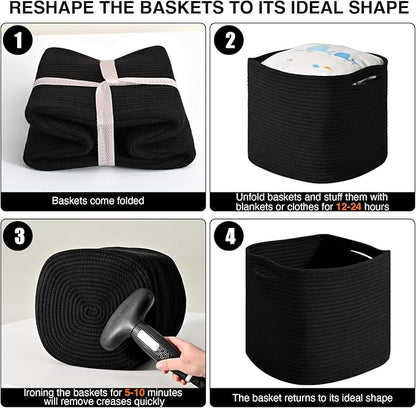 ICERZCZ 11 Inch Cube Storage Bins, Storage Cube Organizer Bins, Woven Cotton Rope Basket for Storage, Storage Baskets for Organizing Shelves, Square Baskets for Toys, Black (Pack of 3)