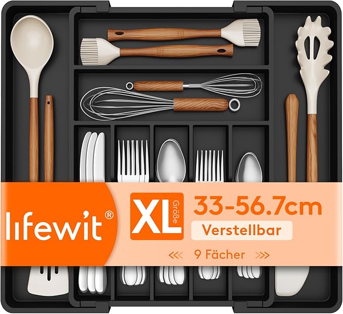 Lifewit Silverware Drawer Organizer, Expandable BPA Free Plastic Utensil Tray for Kitchen, Adjustable Flatware Cutlery Holder for Spoons Forks Knives, 13-22.3 x 16.7", Black