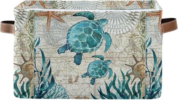 Bolaz Large Storage Basket Vintage Ocean Sea Turtle Starfish Map Foldable Storage Box Organizer Bins with Handles for Bedroom Home Office