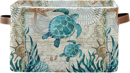 Bolaz Large Storage Basket Vintage Ocean Sea Turtle Starfish Map Foldable Storage Box Organizer Bins with Handles for Bedroom Home Office