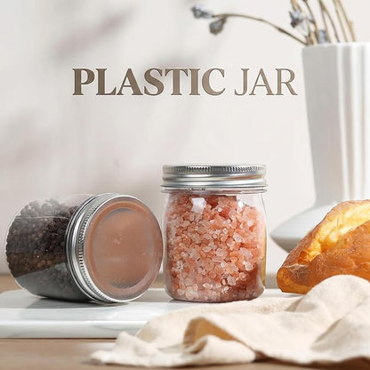 novelinks 8 oz Clear Plastic Jars with Airtight Lids, 24 Pack Plastic Mason Jars with Lids 8oz, Refillable Storage Slime Containers & Small Spice Jar for Kitchen Organization (24 Pack,Silver)