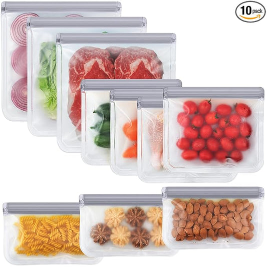 10 Pack Dishwasher Safe Reusable Bags, Silicone, Leakproof, BPA Free, Reusable Food Storage Bags for Lunch, Marinate, Freeze, Travel (Grey) - 3 Gallon, 3 Snack, 4 Sandwich