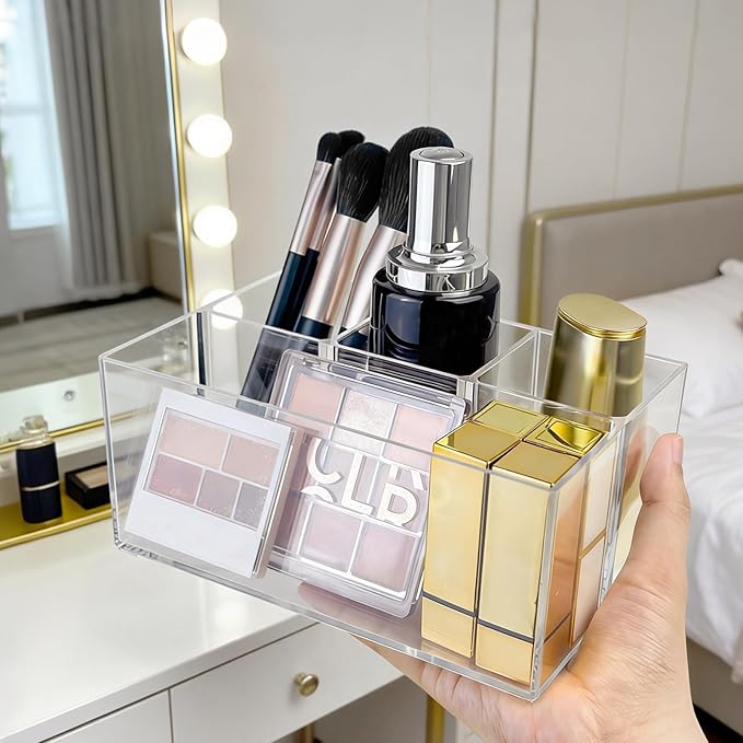 Vowcarol Clear Makeup Brush Holder Organizer, 4-Slots Vanity Makeup Organizer for Palettes and Brushes
