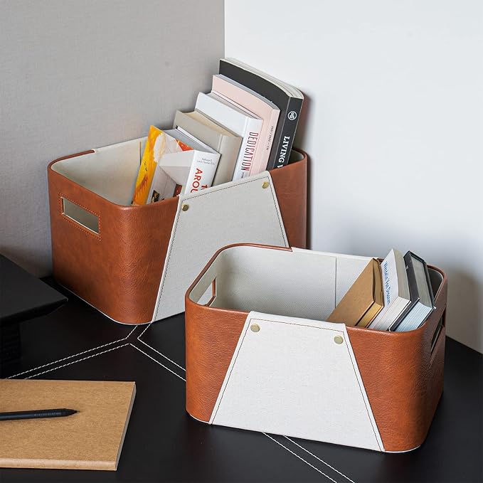 LA JOLIE MUSE Storage Baskets for Organizing, 2 Pack, Storage Cube Boxes Luxury Brown Vegan Leather and Beige Greige Fabric for Closet Shelf Cabinet Bookcase