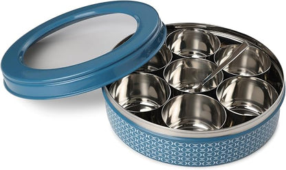 dudki 7 in 1 Stainless Steel Spice box for kitchen sturdy Masala dabba jar for Spices Seamless Design (Dusky Blue)