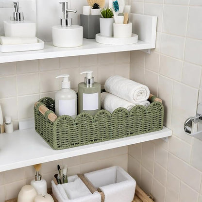CubesLand Bathroom Basket Organizer, Toilet Tank Paper Storage Baskets 2-Pack, Scalloped Decorative Basket for Countertop w/Handle, Wicker Basket for Bathroom Decor, Home Decor, Living Room, Green