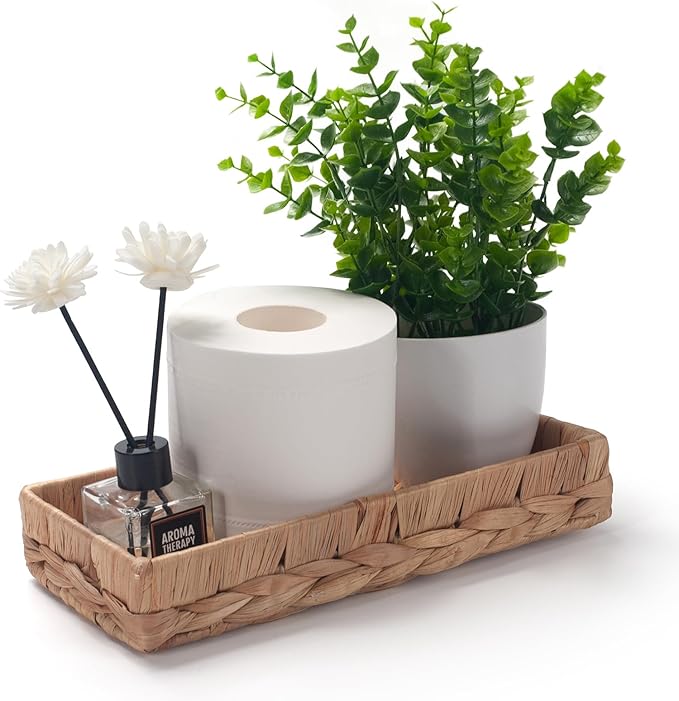 Woven Bathroom Vanity Tray for Storage Water Hyacinth Back of Toilet Basket Long Narrow Guest Towel Holder (Natural 10.2 x 4.9 x 1.8 inch)
