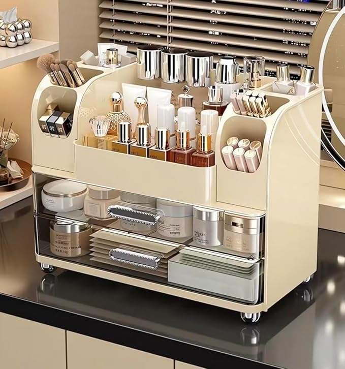 Tiered Makeup Organizer, Mint Green Cosmetic Storage Display Case with Brush Holder, Vanity Beauty Product Storage System (CREAM WHITE)