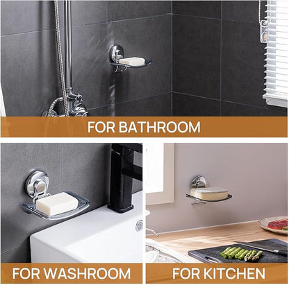 LEVERLOC Chrome Suction Cup Soap Dish Holder for Shower Wall Drill-Free Rustproof Waterproof Wall Mount Strong Suction Removable Bar Soap Sponge Holder for Bathroom Bathtub Kitchen