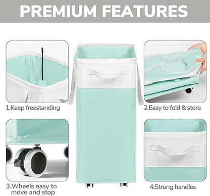 Goodpick Laundry Basket with Wheels, 75L Laundry Hamper with Wheels, Large Laundry Basket with Removable Wash Bag, Clothes Hamper for Laundry, Blue&White