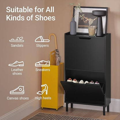 Haotian Slim Shoe Cabinet Entryway, Hidden Shoe Storage with Two Flip Drawers to Save Space, Freestanding Shoe Rack for Front Door, Entryway, Hallway (Black)