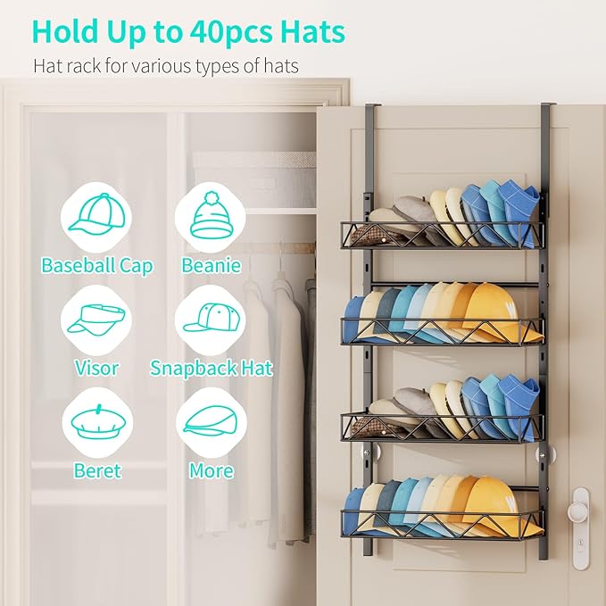 HapiRm Over the Door Hat Organizer - 4 Tier Wall Mounted Hat Rack with 4 Adjustable Metal Basket, Baseball Caps Organizer Storage Holds up to 40 Caps for Door, Bedroom, Closet (Black)