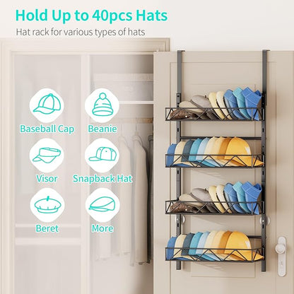 HapiRm Over the Door Hat Organizer - 4 Tier Wall Mounted Hat Rack with 4 Adjustable Metal Basket, Baseball Caps Organizer Storage Holds up to 40 Caps for Door, Bedroom, Closet (Black)