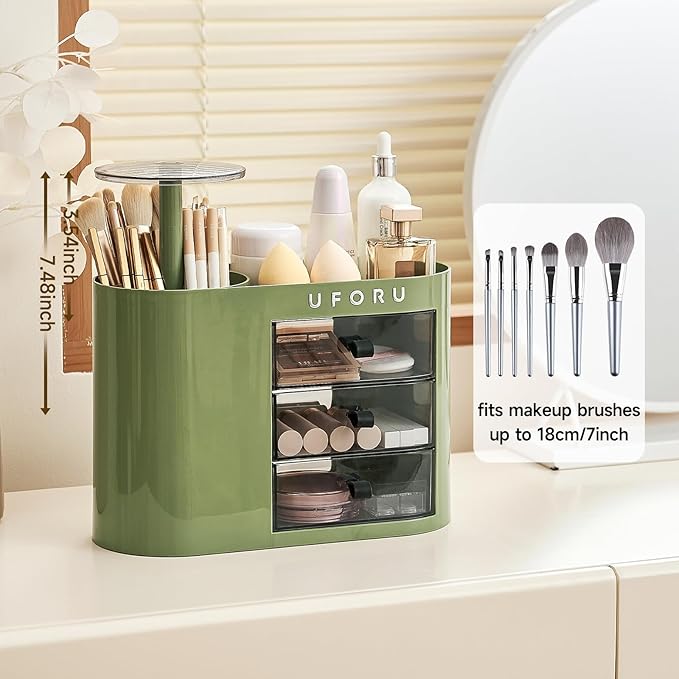 UFORU Makeup Organizer with Pop-Up Brush Holder for Dresser Vanity, Plastic Bathroom Counter Organizer with 3 Drawers & Dust-Proof Cover, Cosmetic Display Case for Lipstick, Skincare, Vintage Green