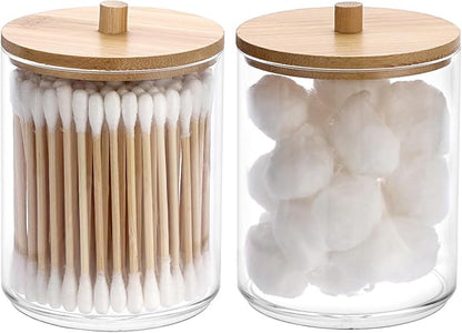 Hipiwe 2 Packs Acrylic Qtip Holder Clear Bathroom Dispenser with Lid Plastic Bathroom Canisters Round Apothecary Jar Set Cotton Swab and Ball Storage Organizer for Makeup Sponges, Bath Salts
